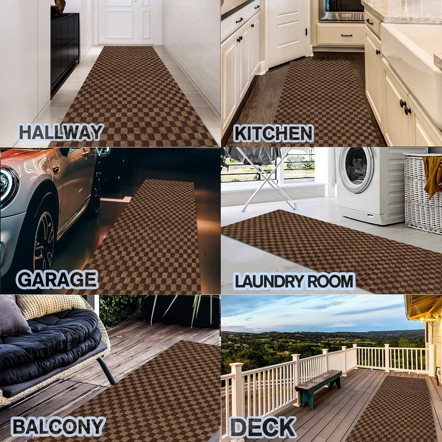 Custom Size Backed Non-Slip Area Rugs Runner, Easy Clean, Waterproof Runner Rugs for Hallway Entryway, Kitchen, Laundry, 3FT x 65FT, Brown Checkered
