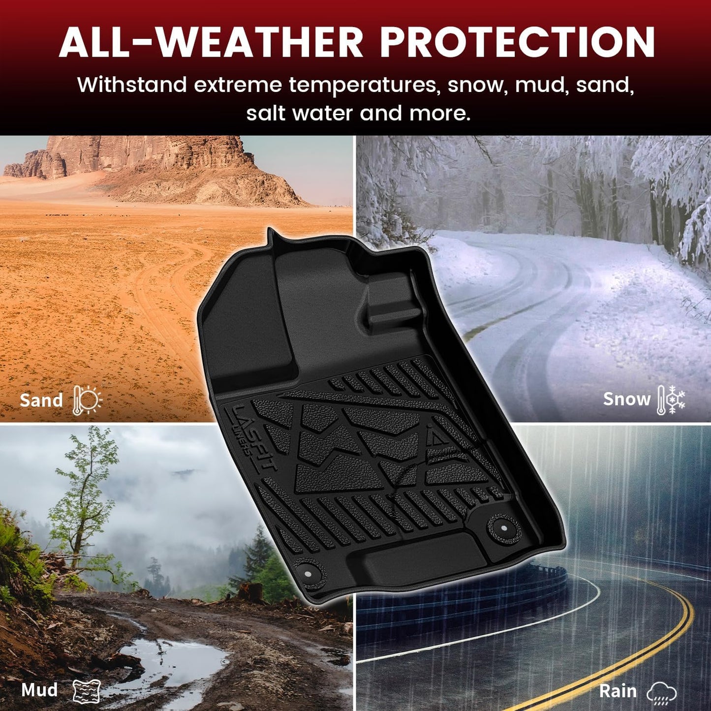 LASFIT Floor Mats for Honda Ridgeline 2025 2024 2023-2017 Crew Cab, All Weather Protection TPE Non-Slip Custom Fit Automotive Accessories Floor Liners 1st & 2nd Row, Black