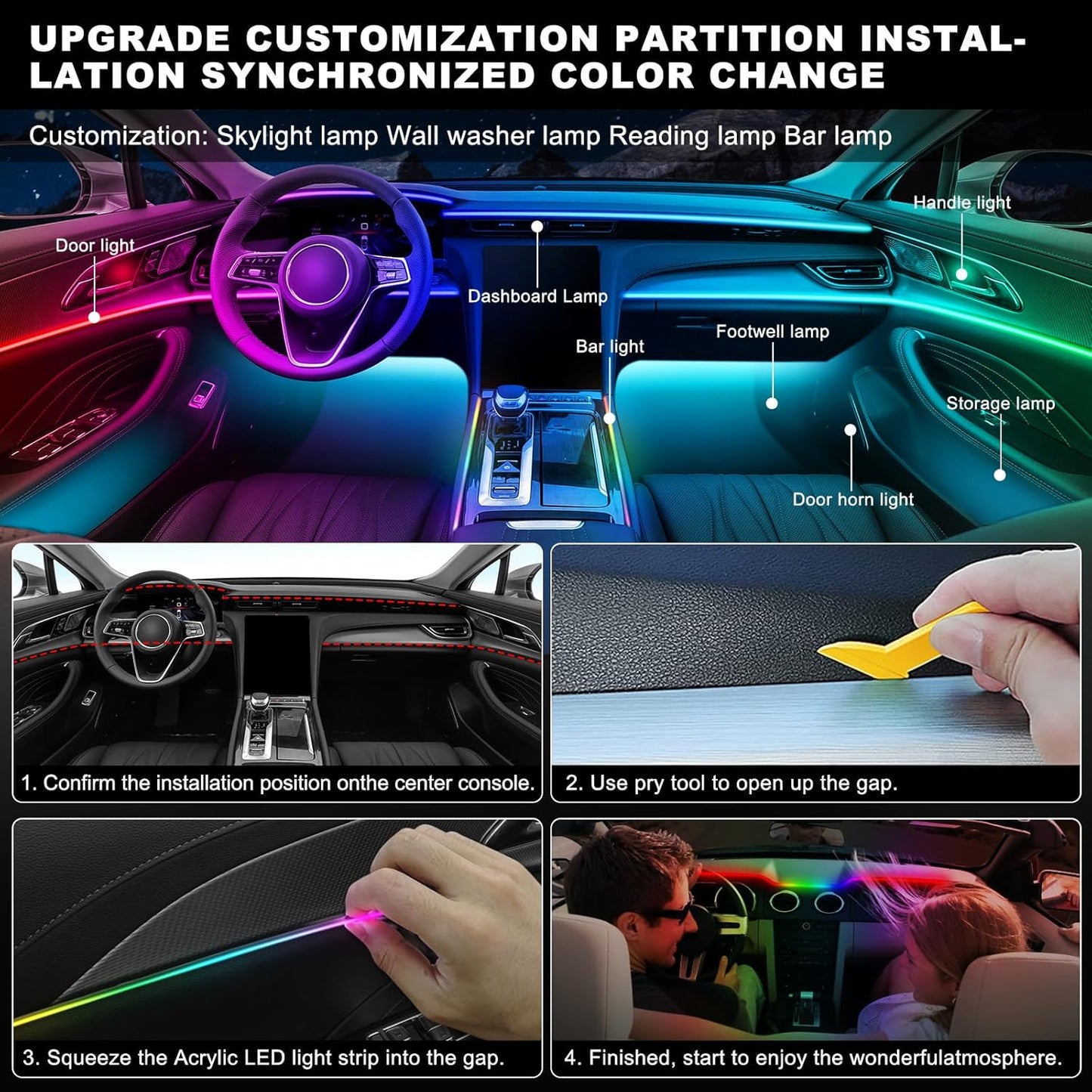 Dreamcolor Acrylic Interior Car LED Strip Light with Wireless APP, RGB 14 in 1 with 175 inches 600 LEDs Fiber Optic Car Ambient Lighting Kits, Dual Zone Sound Active Function LED Strip for Car