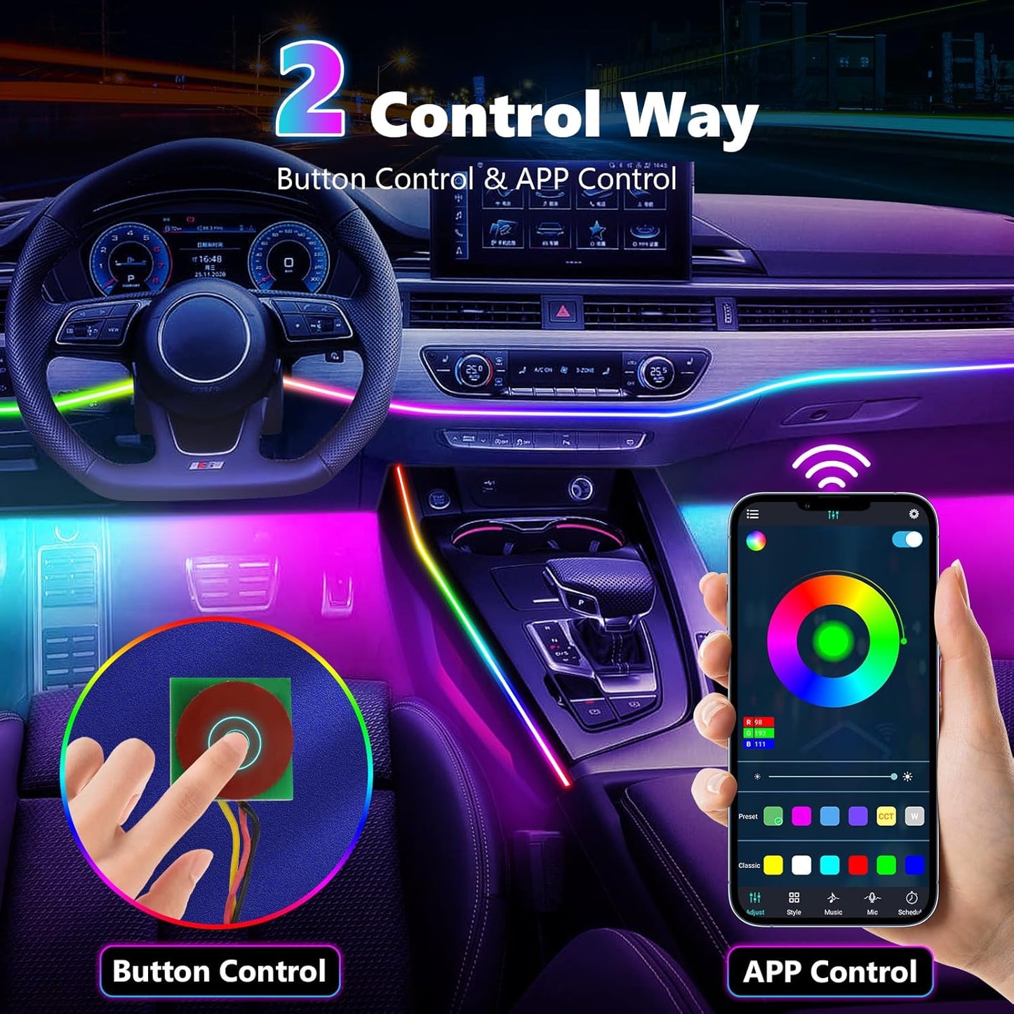 Dreamcolor Acrylic Interior Car Lights, AMKI Car LED Strip Light with Bluetooth APP, Car Ambient Lighting Kit with RGB 6 in 1 and 175 inches 593 LEDs, 16 Million Colors Sound Activated Car Neon Lights