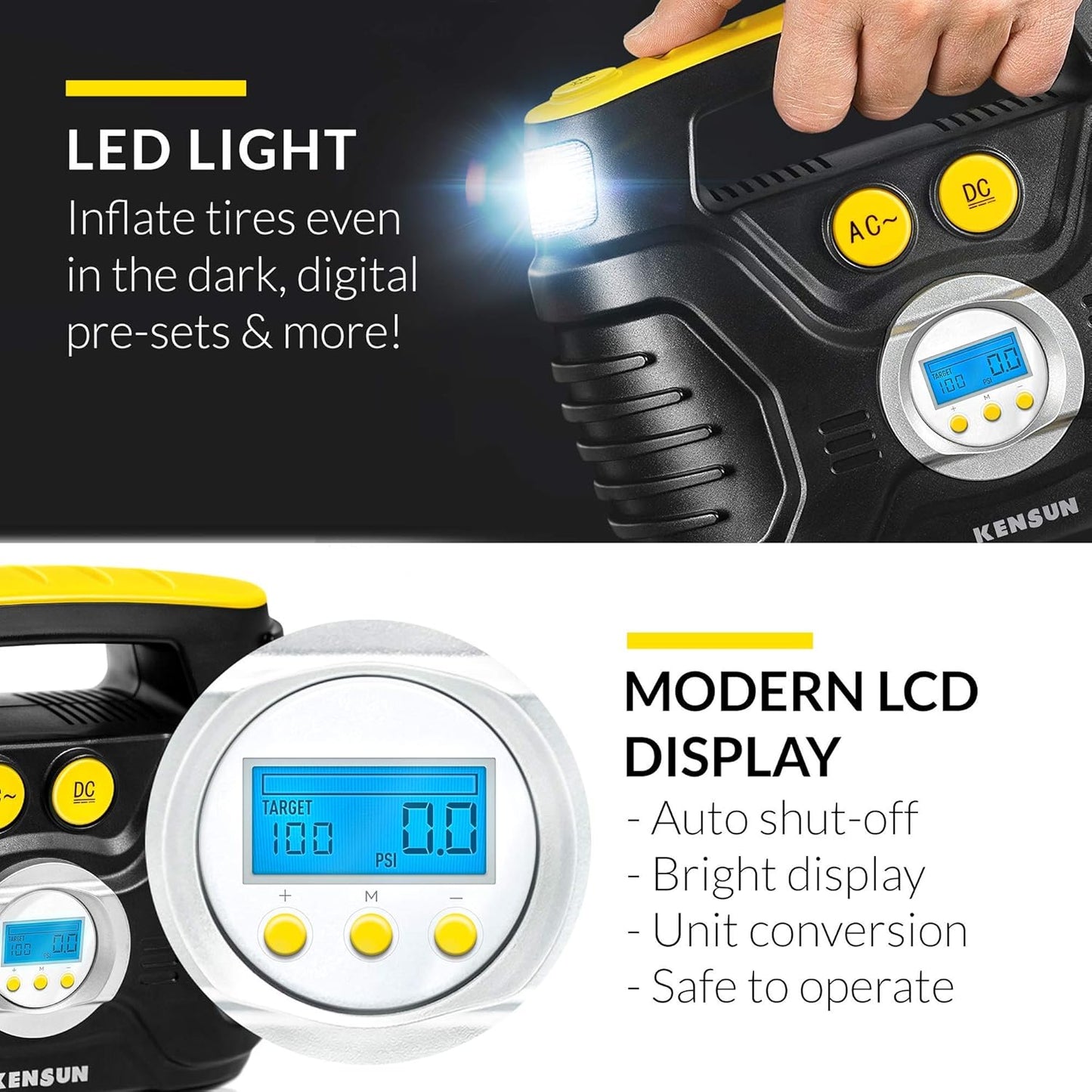 Kensun AC/DC Tire Inflator Pump for Car 12V DC and Home 110V AC Swift Performance 2.0 Portable Air Compressor Pump for Car and Home