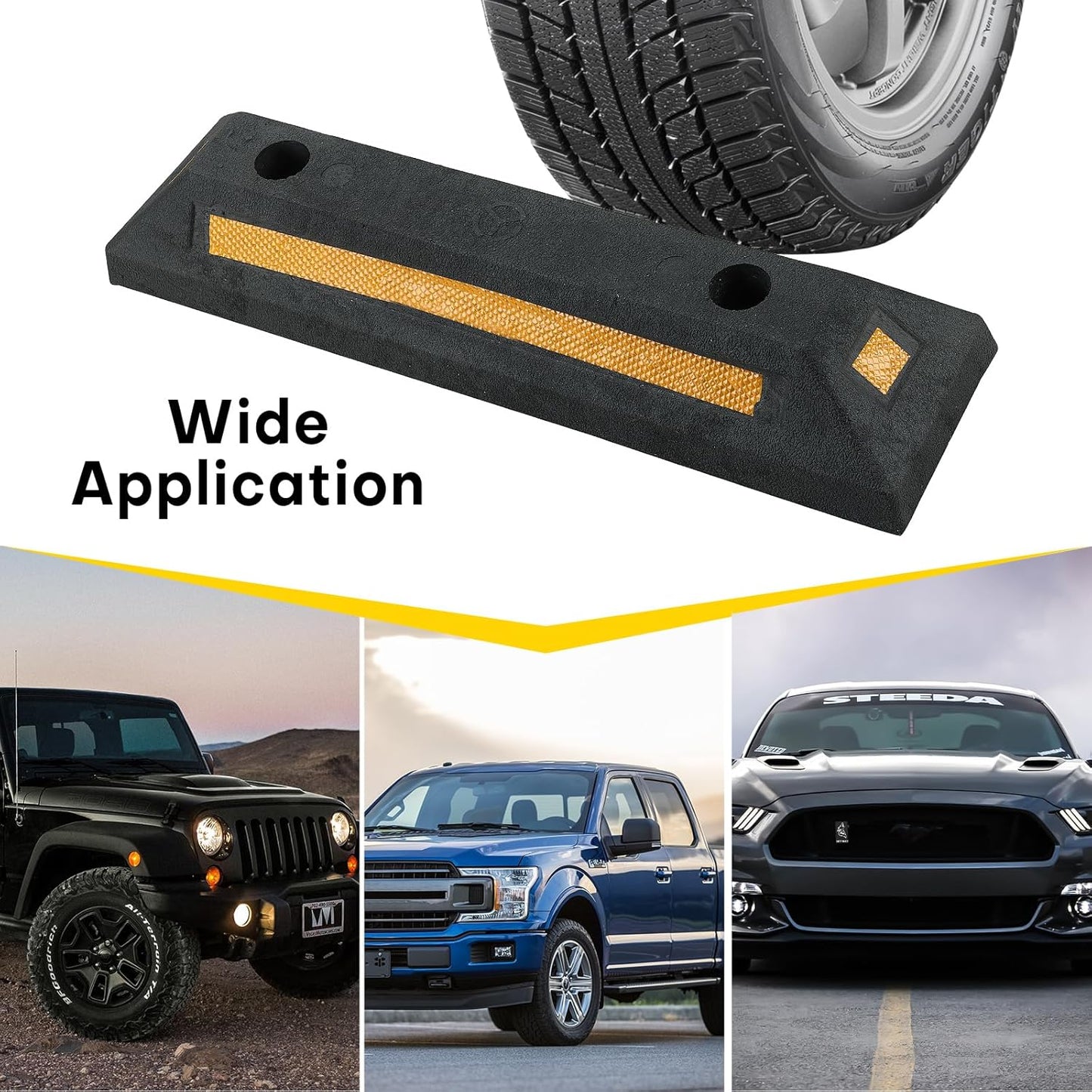 2 Pack Rubber Parking Guide Blocks | Heavy Duty Black Parking Blocks Parking Target Guide with Yellow Reflective Stripes, Wheel Stop Stoppers for Car, Truck, RV, Trailer, and Garage (2 Pack)