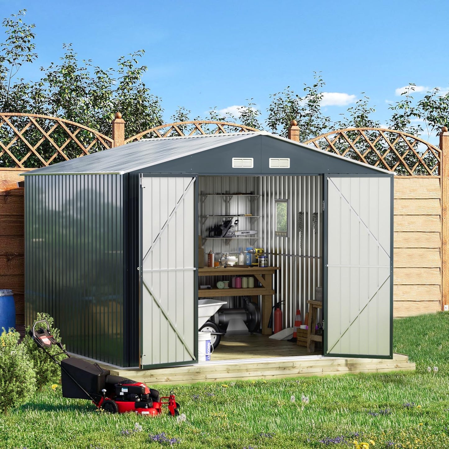 Breezz Outdoor Storage Shed 10X10FT. Utility Tool Shed Metal Storage Garden Shed with Lockable Doors, Windows & Metal Frame Floor for Patio Storage, Nightblue