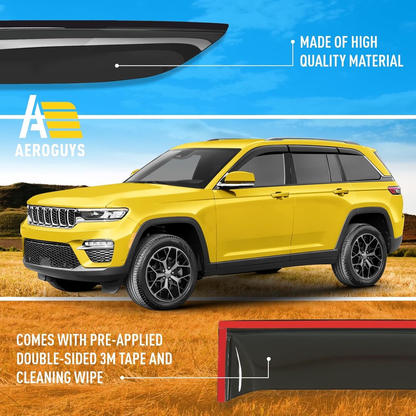 Extra Durable Window Deflectors Tape-On Window Visors Rain Guards Fit for Jeep Grand Cherokee 2022-2025, Sun Visors, Wind Vent for Shades, Exterior Car Accessories - 6pcs. AG0243