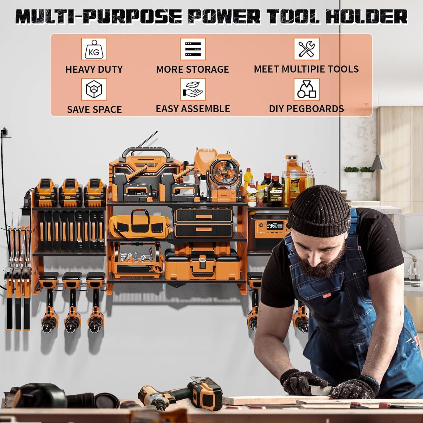 45" Large Power Tool Organizer Wall Mount with Charging Station - 3 Layer Storage Racks with 8 Cordless Drill Holder, 4 Hooks, Heavy Duty Garage Tool Organizer Storage for Workshop Pegboard Basement
