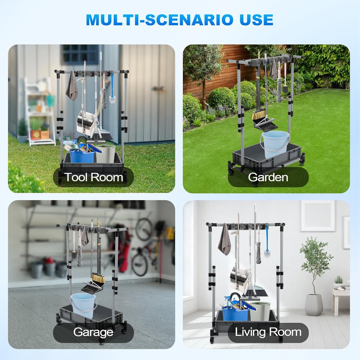 Broom and Mop Holder Freestanding Mobile Cleaning Tool Storage Rack,Floor Standing Cleaning Tool Cart Storage for Garden Garage Schools, Hospitals