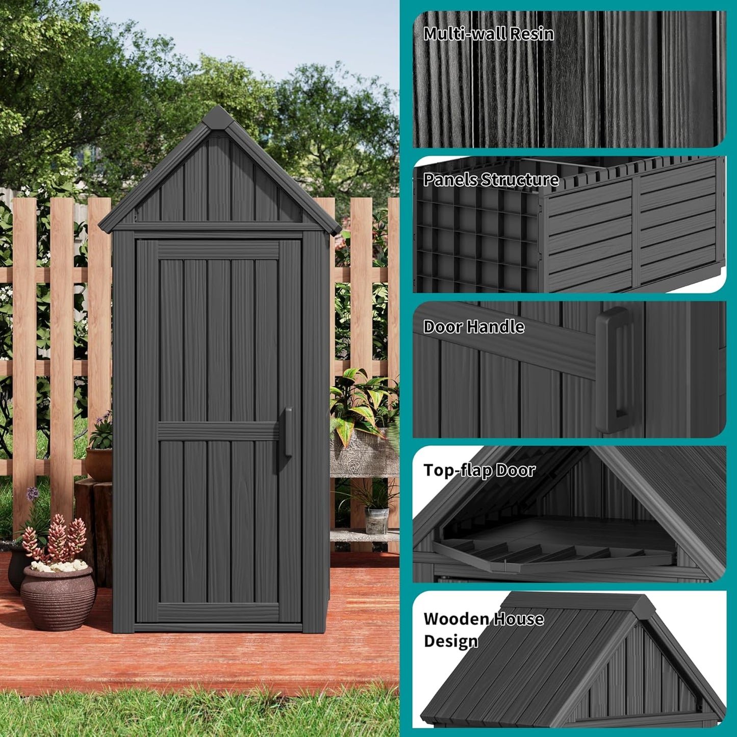 Shed Outdoor Storage Shed with Sloping Roof and Lockable Door, Resin Outdoor Storage Box Cabinet Waterproof and Multiple Hooks for Backyard, Patio, Poolside, Black