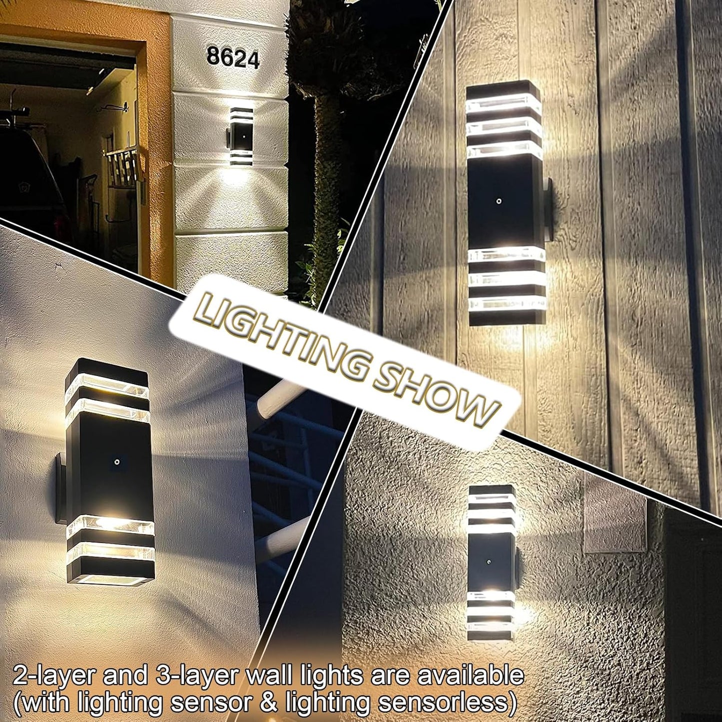 tewei 6 Pack Outdoor Wall Lights Dusk to Dawn Exterior Light Fixture, 3-Layer Black Outdoor Lights for House, IP65 Waterproof Up and Down Outside Porch Lights for Garage Patio, 3000K