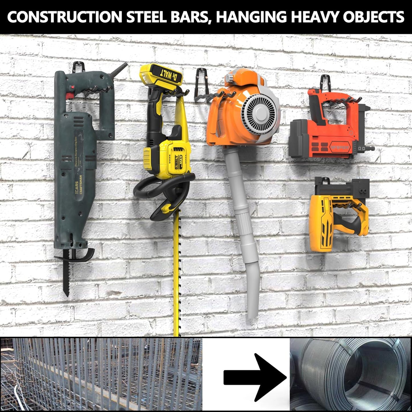 3-H Heavy Duty Garage Hooks 4 Pack, One-Piece Construction Garage Wall Hooks, Garage Hanger & Organizer Wall Mount for Ladders, Bikes, Chairs, WeedEaters, Shovels, Garden Tools (Black)