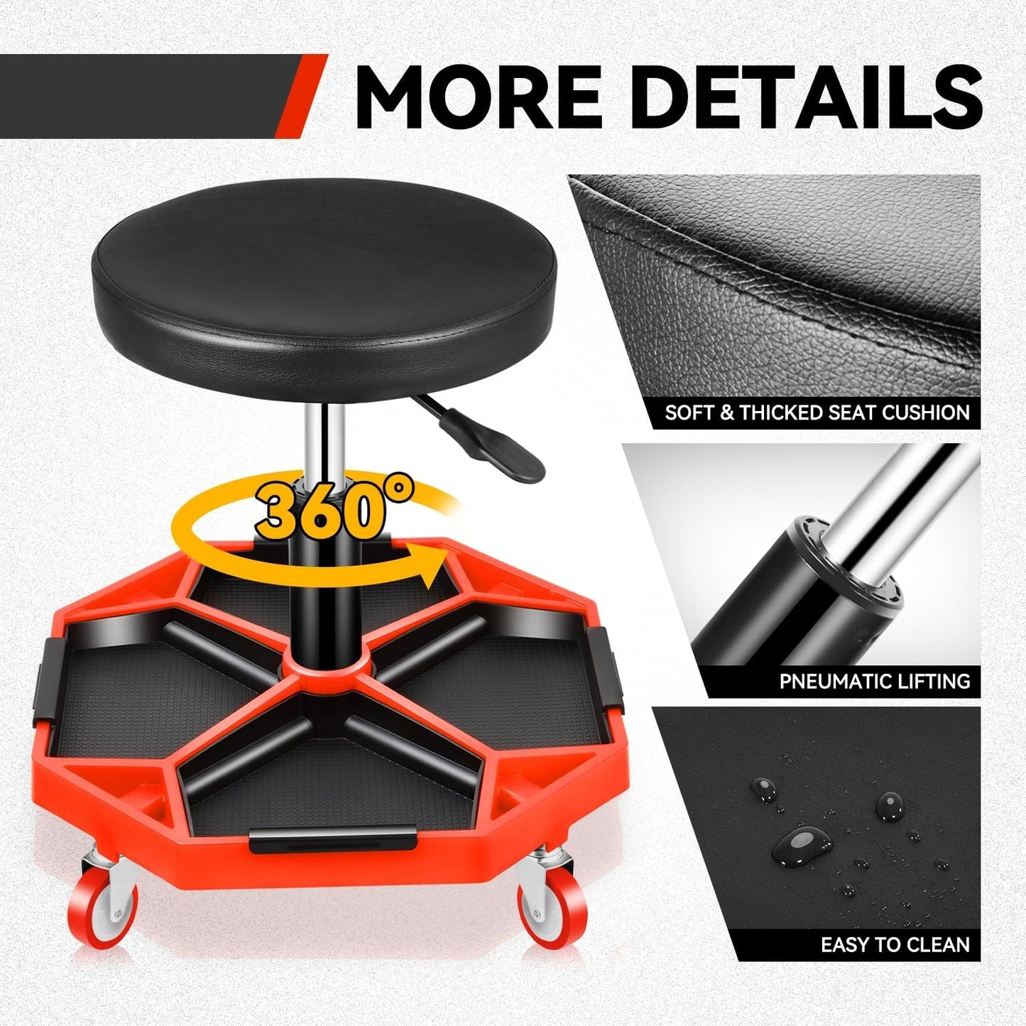 Auto Dynasty Mechanic Stool, Adjustable Rolling Pneumatic Creeper Garage Shop Seat with Tool Tray, 300 LBS Roller Seat for Workshop Auto Repair, Adjustable Height 15.7" to 21", Black/Red