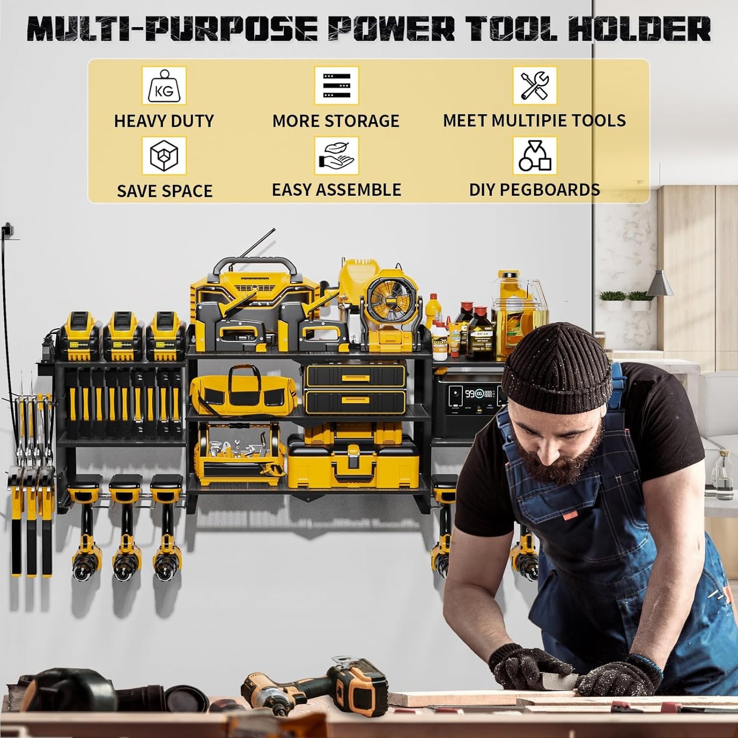 45" Large Power Tool Organizer Wall Mount with Charging Station - 3 Layer Storage Racks with 8 Cordless Drill Holder, 4 Hooks, Heavy Duty Garage Tool Organizer Storage for Workshop Pegboard Basement