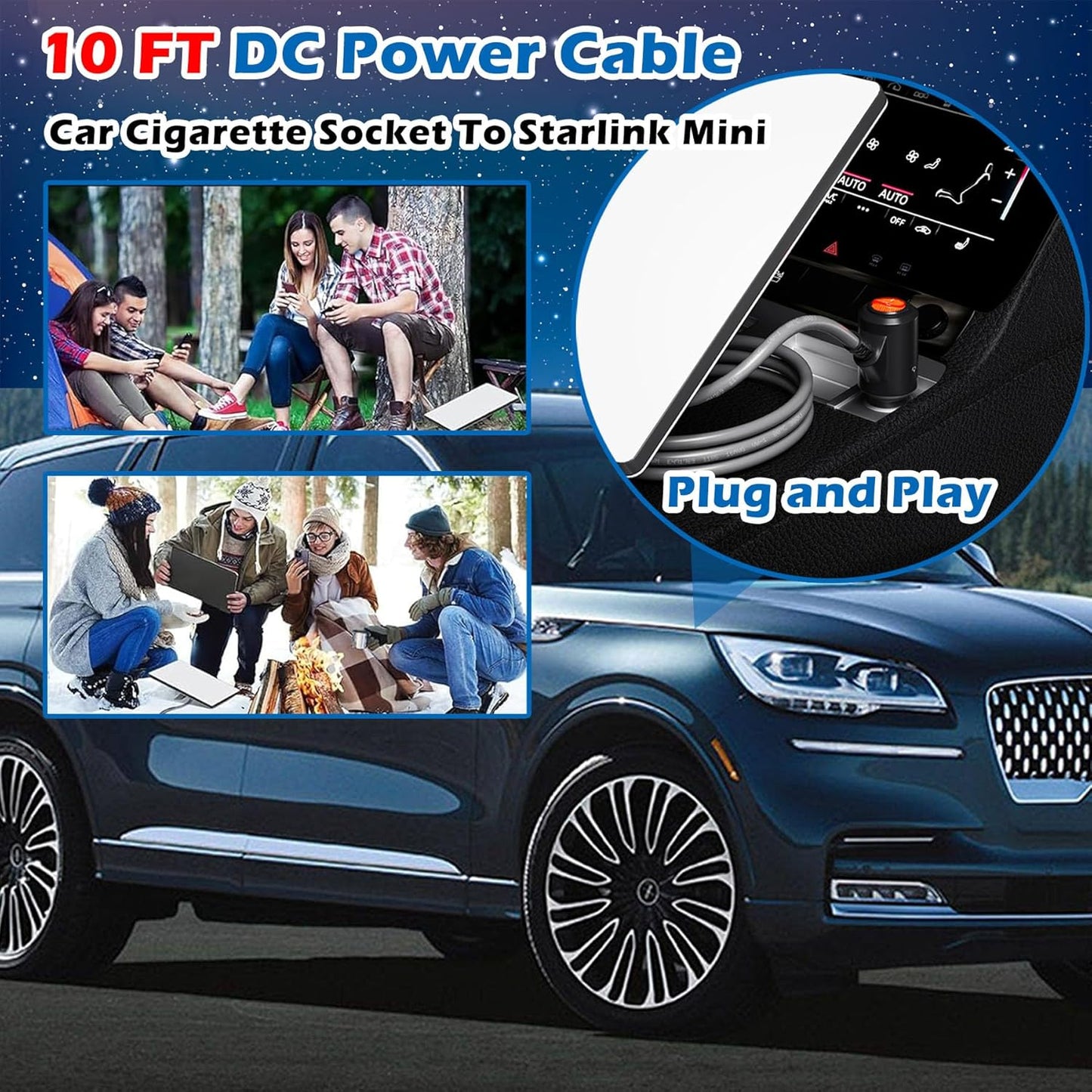 Starlink Mini Cable, 10FT Starlink Mini Car Charger DC Power Cable, 12V-48V Cigarette Lighter Adapter for Starlink Mini Accessories, Waterproof 16AWG Car Power Supply Cord for RVs, Trucks & Ships