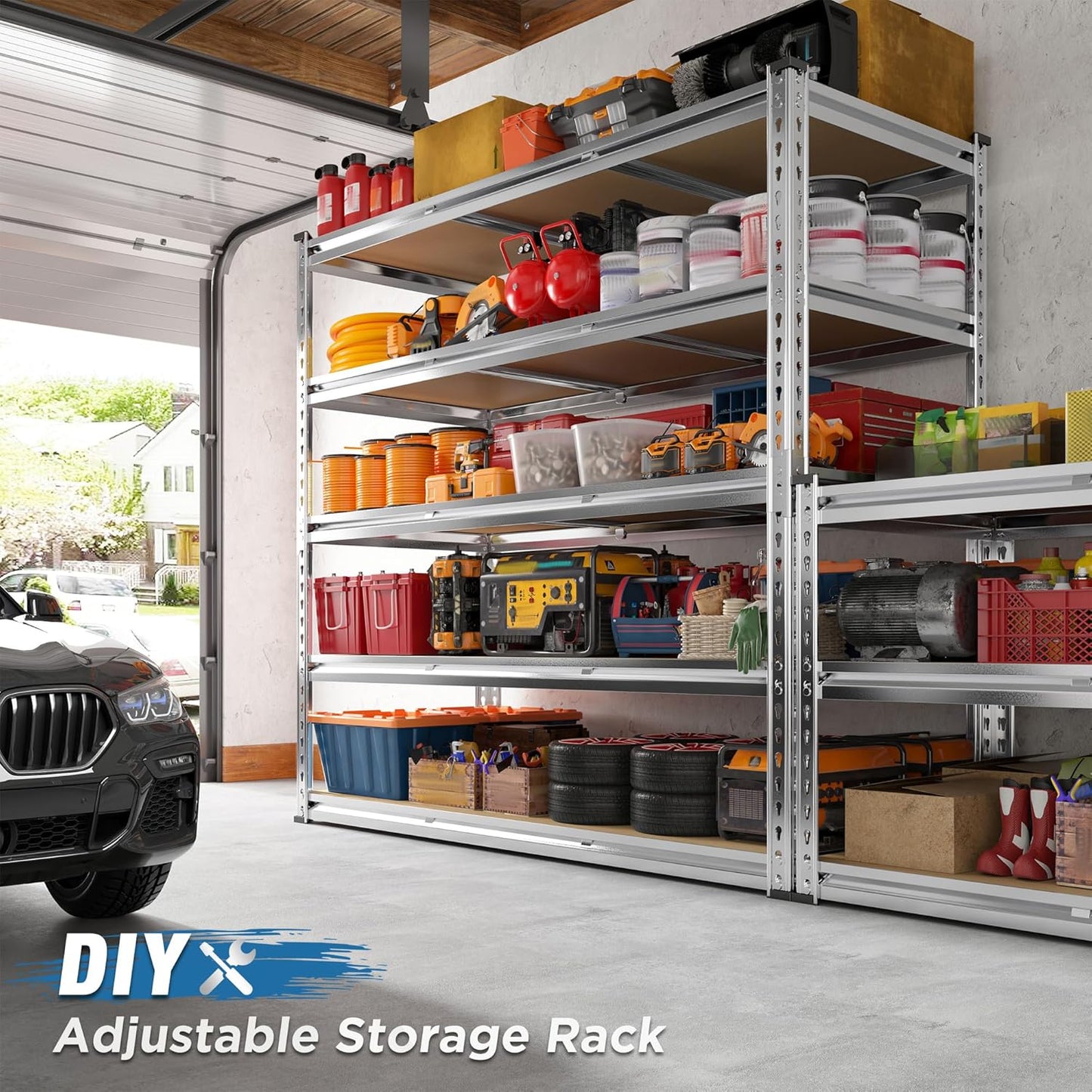 REIBII Garage Shelving, 5 Tier Storage Shelves Load 3000LBS, Adjustable Garage Shelving Heavy Duty, Metal Shelves Unit for Basement, Warehouse, 48" W x 72" H x 18" D, Galvanized