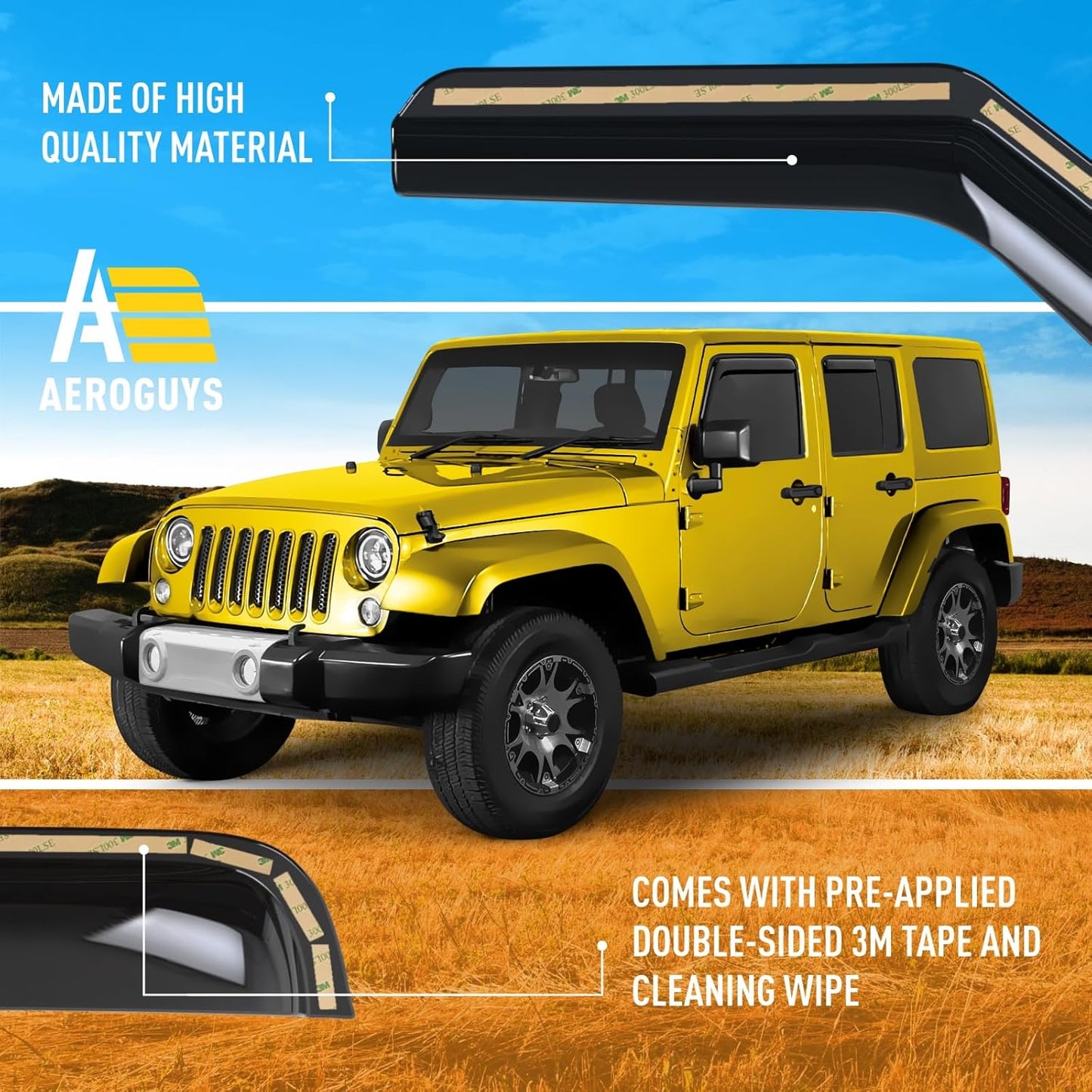 Extra Durable Window Deflectors in-Channel Window Visors Rain Guards Fit for Jeep Wrangler JK 2007-2018, Sun Visors, Wind Vent for Shades, Exterior Car Accessories - 4pcs. AG0263