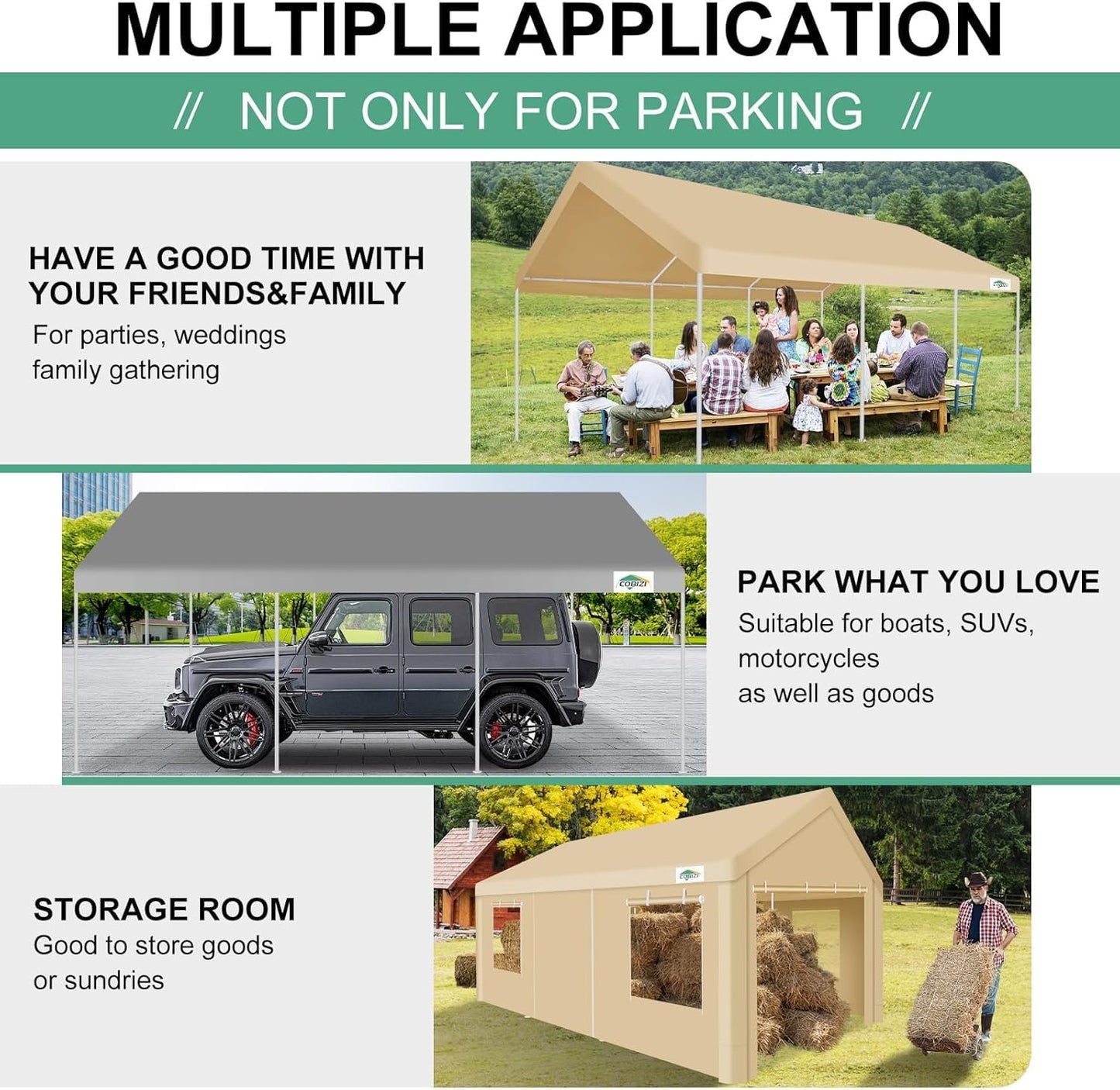 COBIZI Carport 12x20ft Heavy Duty Portable Garage, 2.0 Powder Coated Frame(Better Than Galvanized), Waterproof Shelter with Built-in Sandbags, for Car/Boat/SUV, Khaki