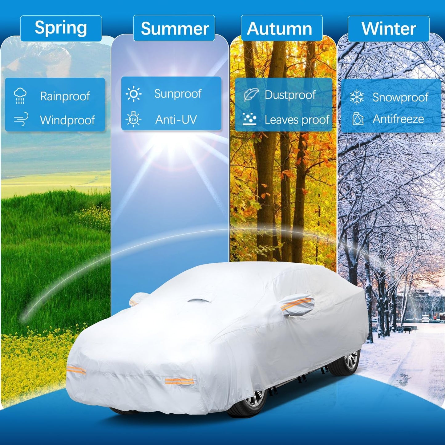 30 Layers Heavy Duty Car Cover for Automobiles All Weather Waterproof, Outdoor Snowproof UV Protection Windproof, Door Zipper, Soft Cotton Universal Car Covers (Silver, Fit Sedans 171"-180")