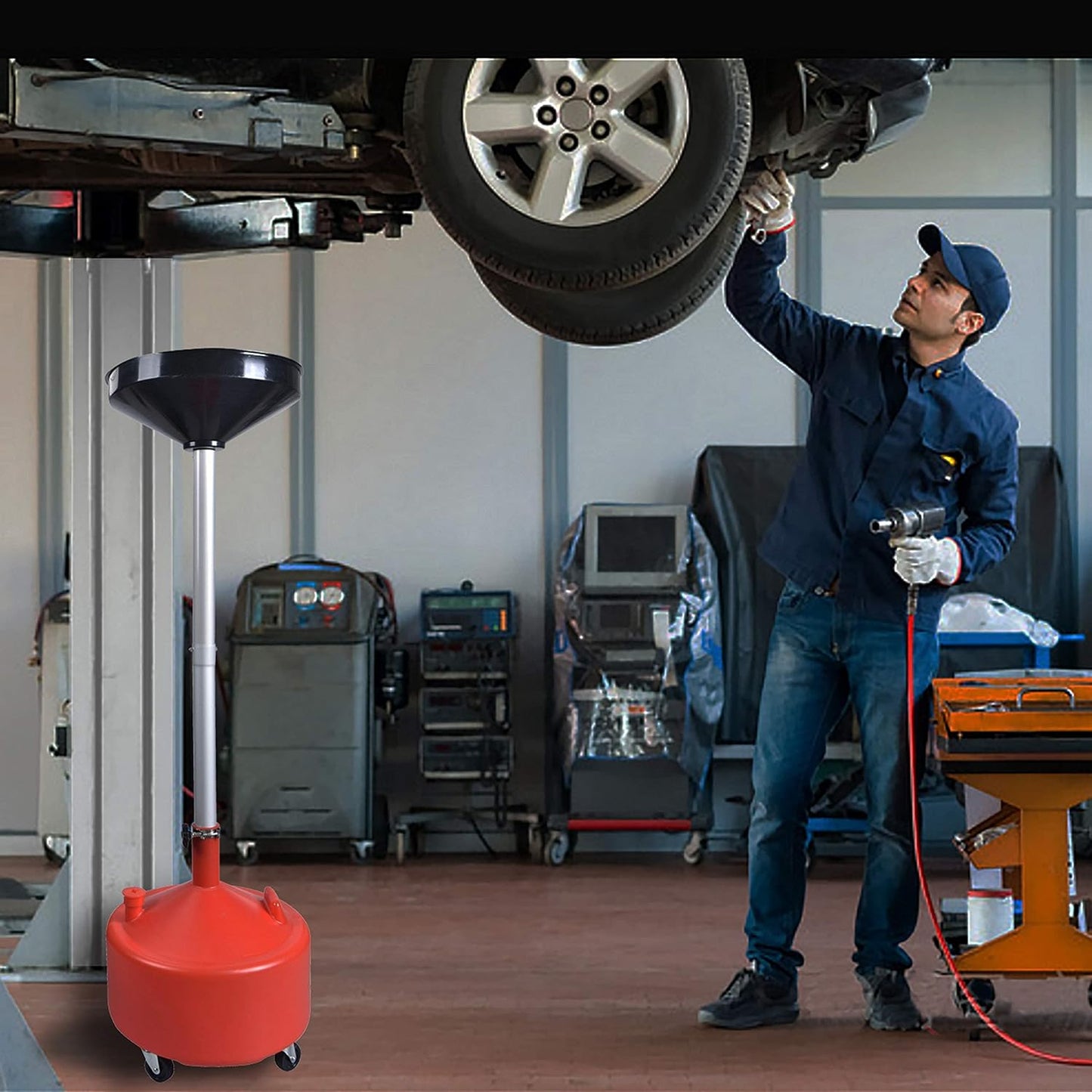 PONO 8 Gallon Portable Upright Oil Drain | Easily Recycle Automotive Waste Fluids | Adjustable Funnel Height | Use with Car Lifts | 16.5 Inch Funnel w/Built-in Strainer | Industrial Fluid Drain Tank