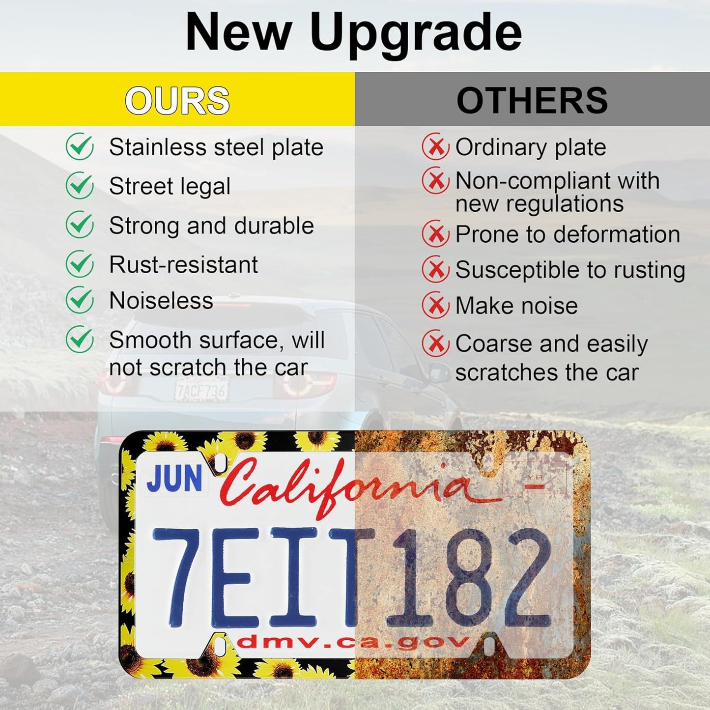 LivTee Flower License Plate Frames, 4 Holes Stainless Steel License Plate Covers, 2PCS Car License Plate Holder, Automotive Exterior Accessories, Sunflower