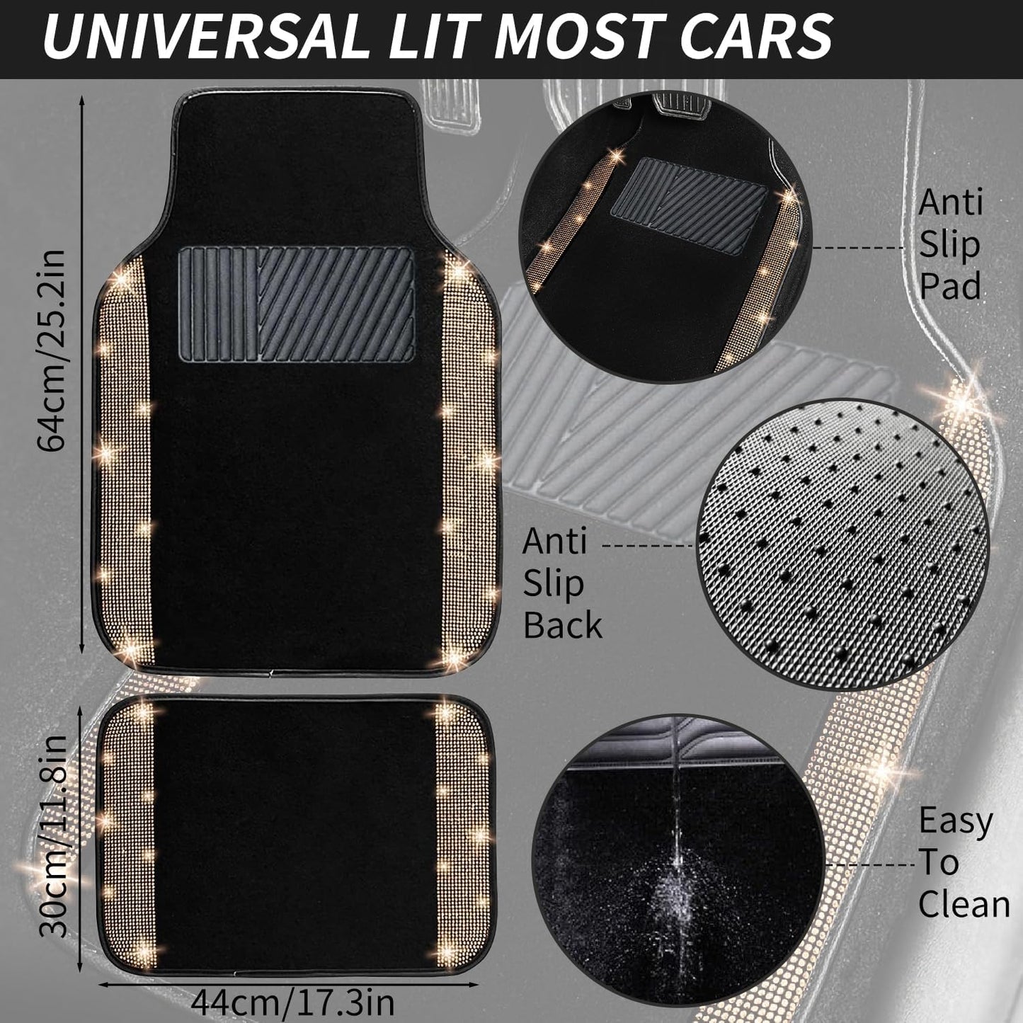 NBTEPEM Gold Bling Car Floor Mats Full Set, Universal Fit Most Cars,SUV, Trucks, 4 pcs Sparkle Glitter Diamond Carpet for Women Girls with Anti-Slip Pad (Gold Diamond)