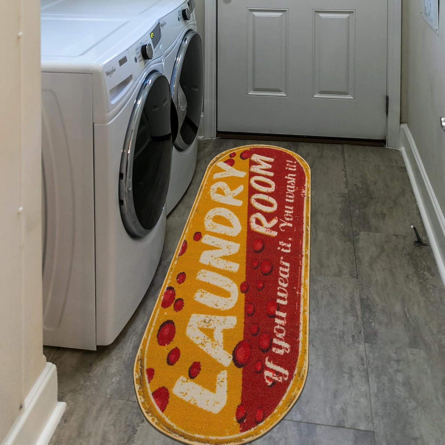 Ottomanson 20" x 59" Oval Laundry Room Rug - Non-Slip Mat for Laundry & Mudroom - Durable, Stain-Resistant, and Easy to Clean - Perfect for High-Traffic Areas - Runner Rug for Entryway, Yellow/Red