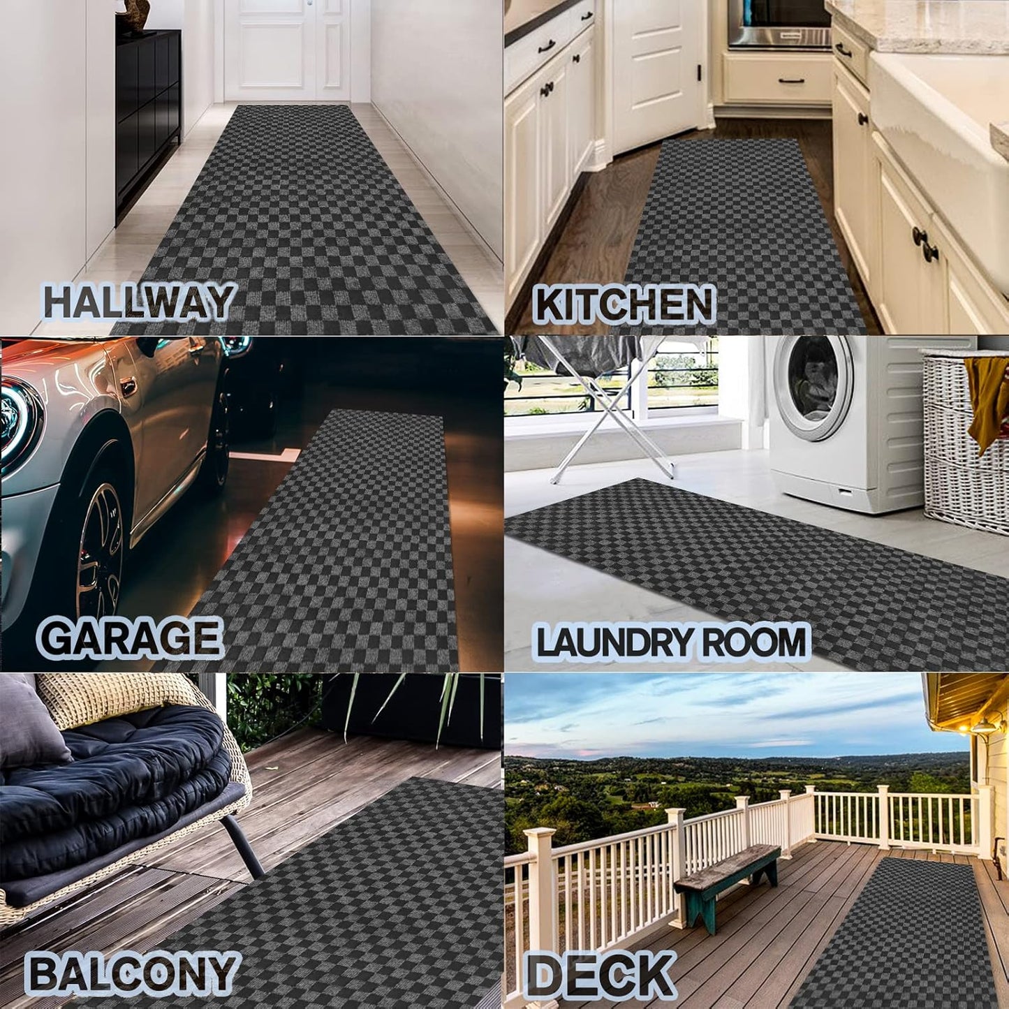 Custom Size Backed Non-Slip Area Rugs Runner, Easy Clean, Waterproof Runner Rugs for Hallway Entryway, Kitchen, Laundry, 4FT x 17FT, Gray Checkered
