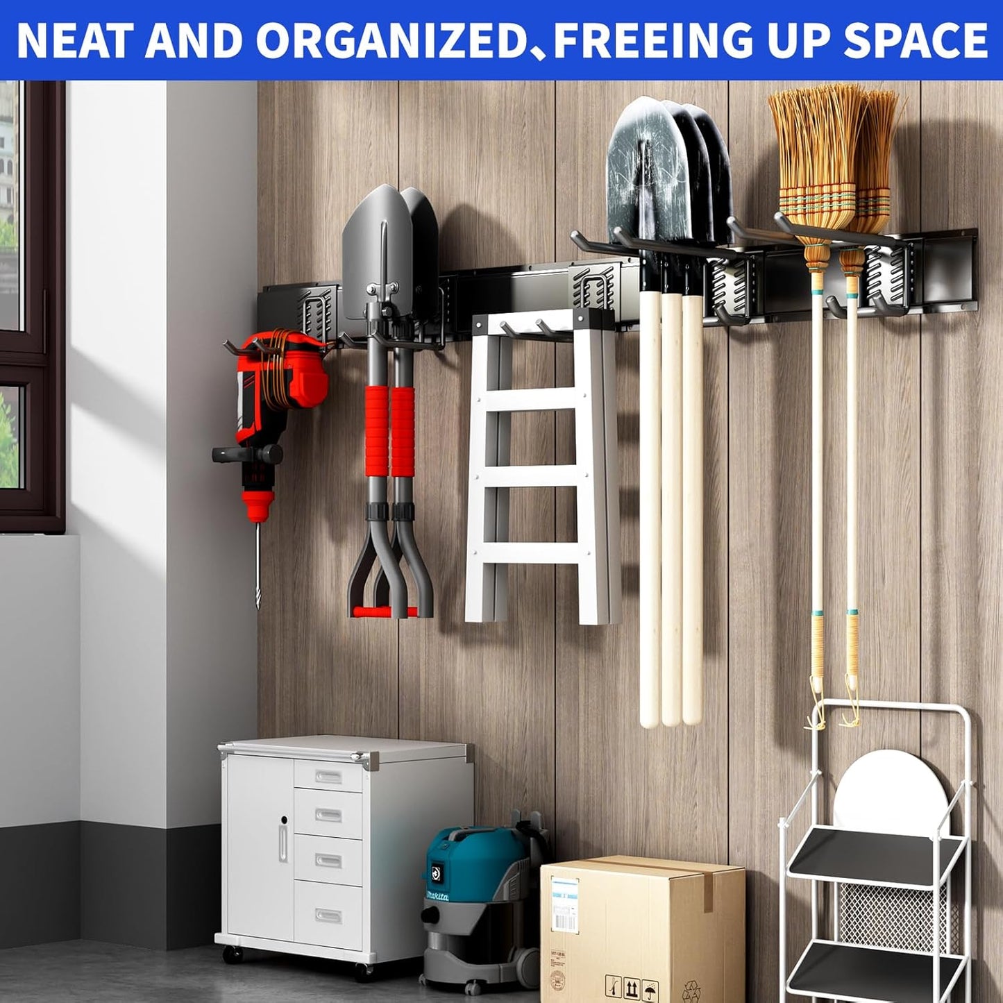 Garage Organization Tool Organizer Wall Mount, 48inch Heavy Duty Garden Tool organizer Storage System, Easy Install With 7 Adjustable Hooks, For Garage, Basement, Shed, Workshop(Black)