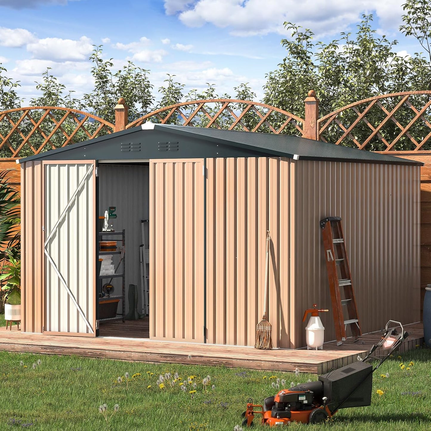 U-MAX 10' x 10' Shed Outdoor Storage Shed Clearance, Metal Garden Large Yard Steel Shed with Design of Lockable Doors, Tool and Utility Storage for Backyard, Garden, Patio, Outside use