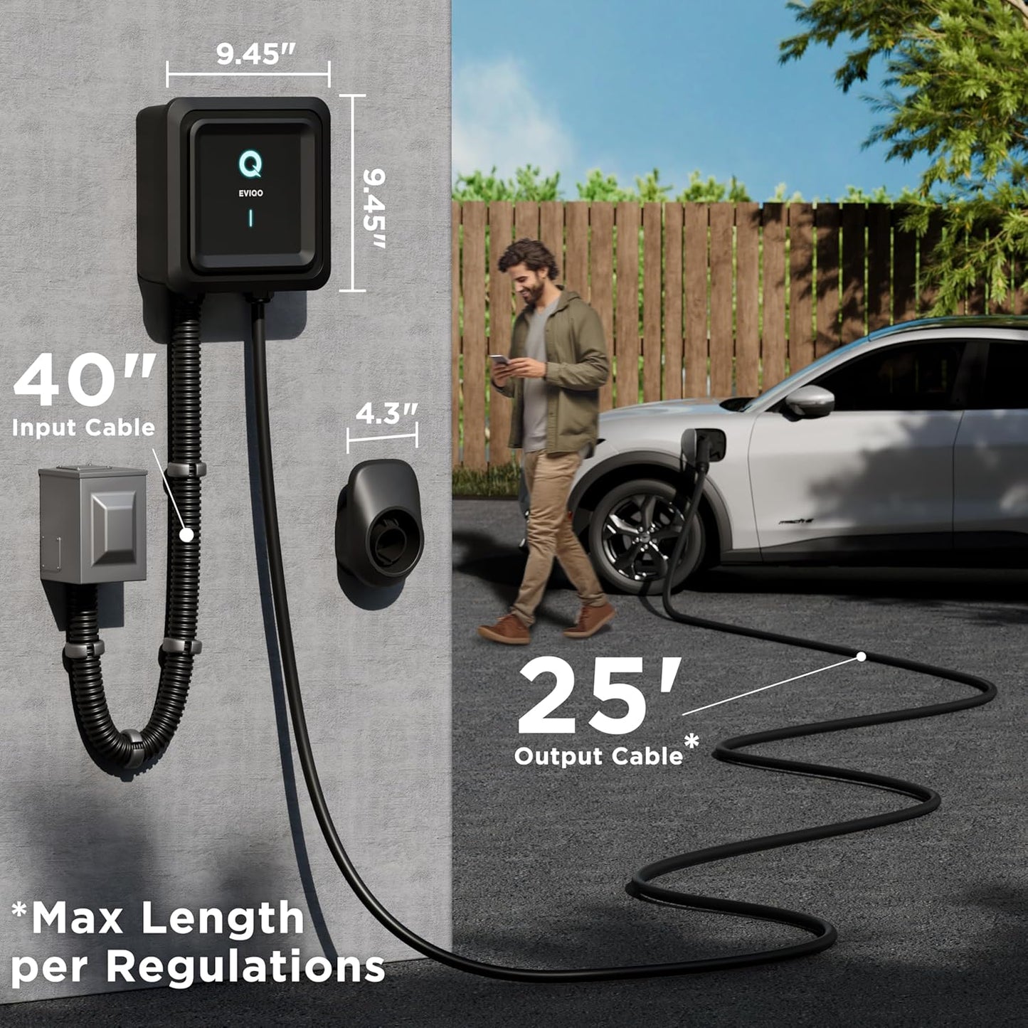 EVIQO EV Charger Level 2-48 Amp Level 2 EV Charger Hardwired, 240V Electric Vehicle Charging Stations, J1772 Chargers 11.5kW, Wall EV Chargers for Home, EVSE EV Charging Station 25' Cord