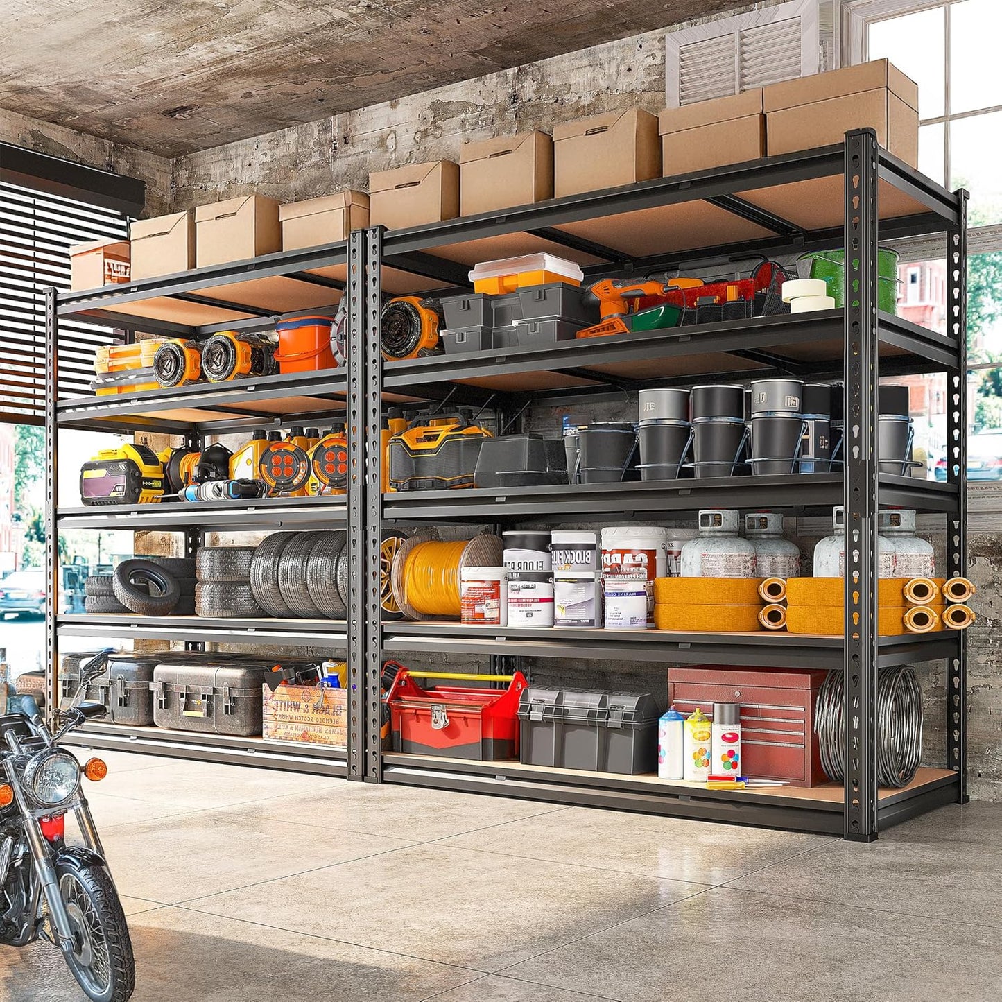 REIBII 48.2" W Garage Shelving, Storage Shelves Load 3000LBS, Adjustable Garage Shelving Heavy Duty for Pantry, Basement, Warehouse, 48.2" W X 71.9" H X 24" D, Black