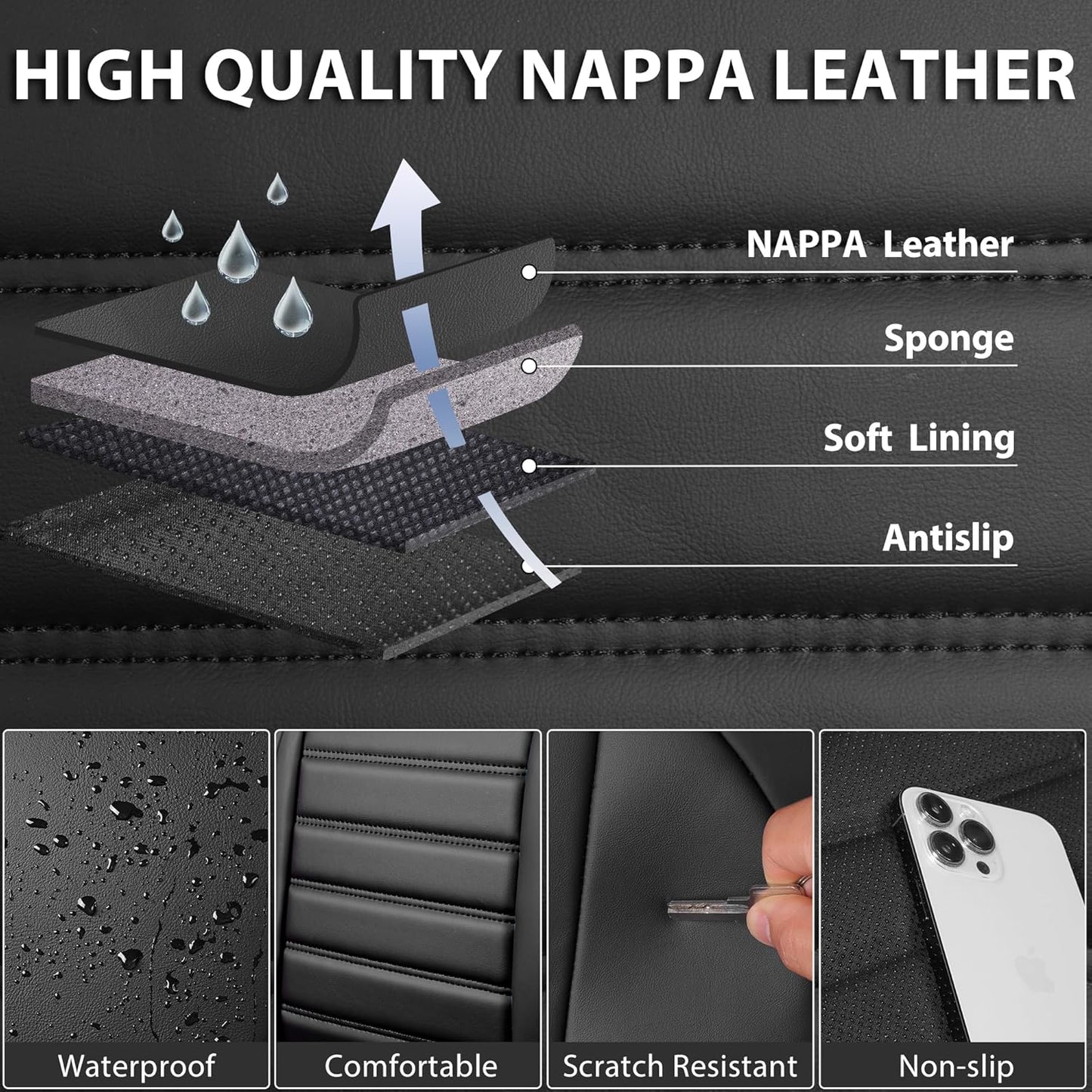 CAR PASS Nappa Leather Car Seat Covers Front Seats, Luxury Seat Protector for Cars, Waterproof Anti-Slip Seat Cushion Armrest Compatible Airbag Universal for Sedan SUV Pick-up Truck Automotive, Black