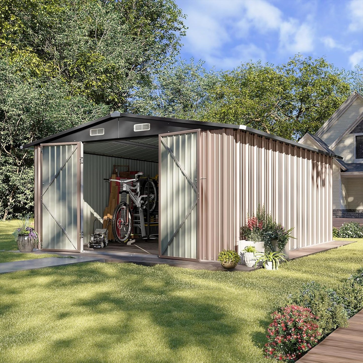 Aoxun 10 x 12FT Outdoor Storage Shed with Double Hinged Large Door Utility Garden Shed with Lockable Door & Sloped Roof Metal Sheds Outdoor Storage for Garden, Backyard, Patio and Backyard, Brown
