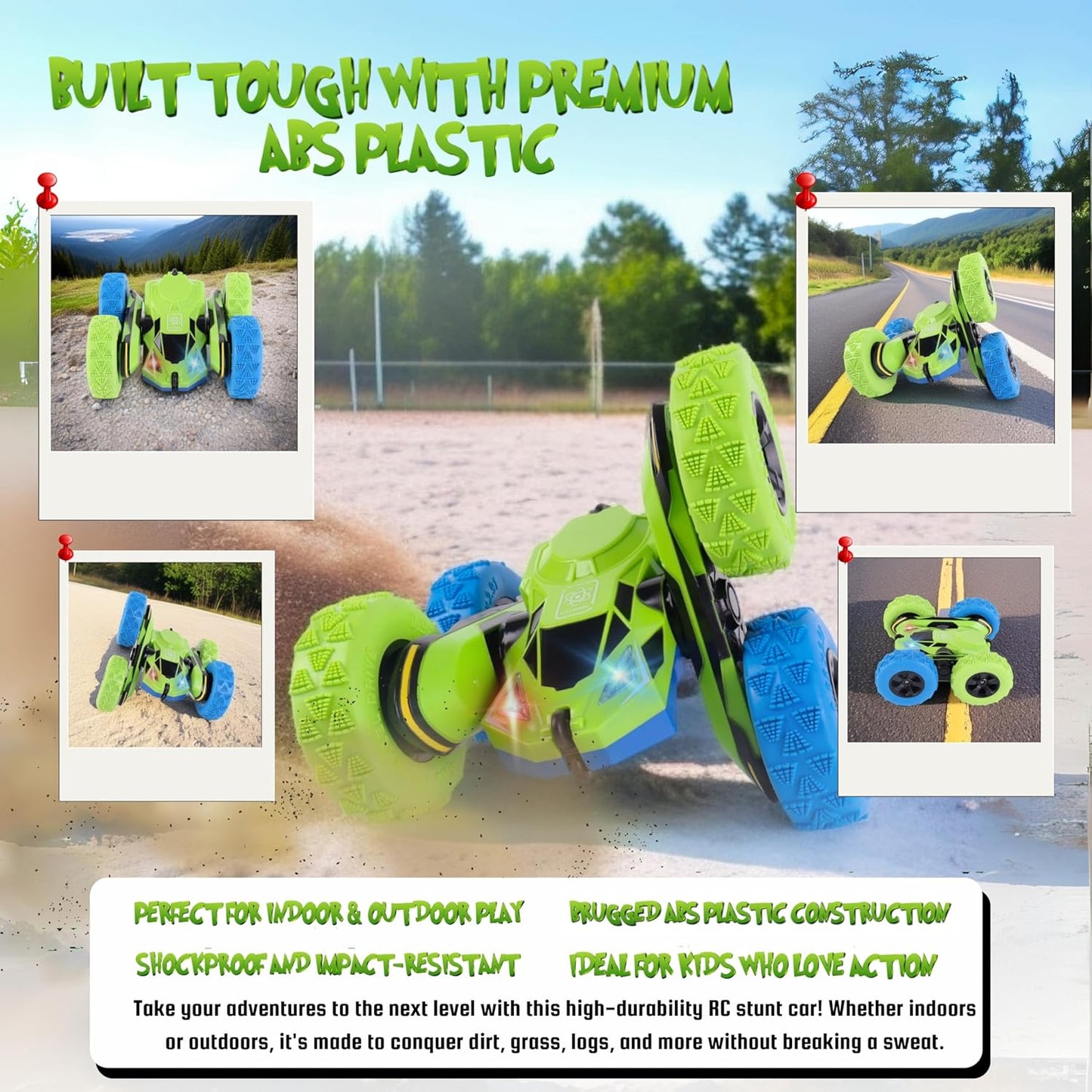 All-Round Drive Stunt RC Car - 360° Spins, High-Speed Off-Road with LED Headlights, 2 Rechargeable Batteries, AAA Remote Batteries, All-Terrain for Kids 6+ & Adults (Green & Blue)
