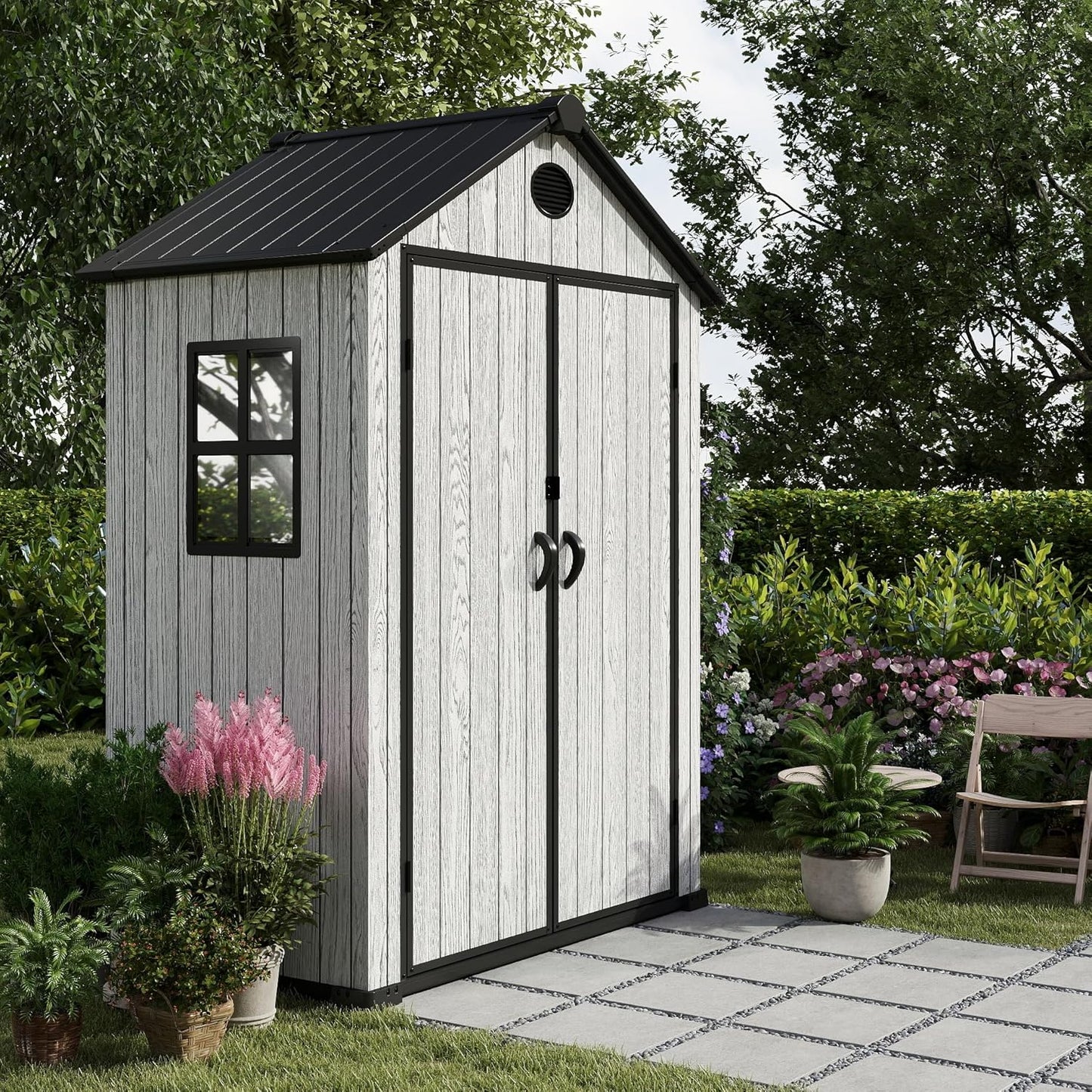 5.3x3.4 FT Resin Outdoor Storage Shed, 135 Cuft Garden Tool Sheds & Outdoor Storage Plastic Shed with Floor, 7FT Tall Backyard Outside Lawn Mower Storage Shed with Side Window, Cemented Grey