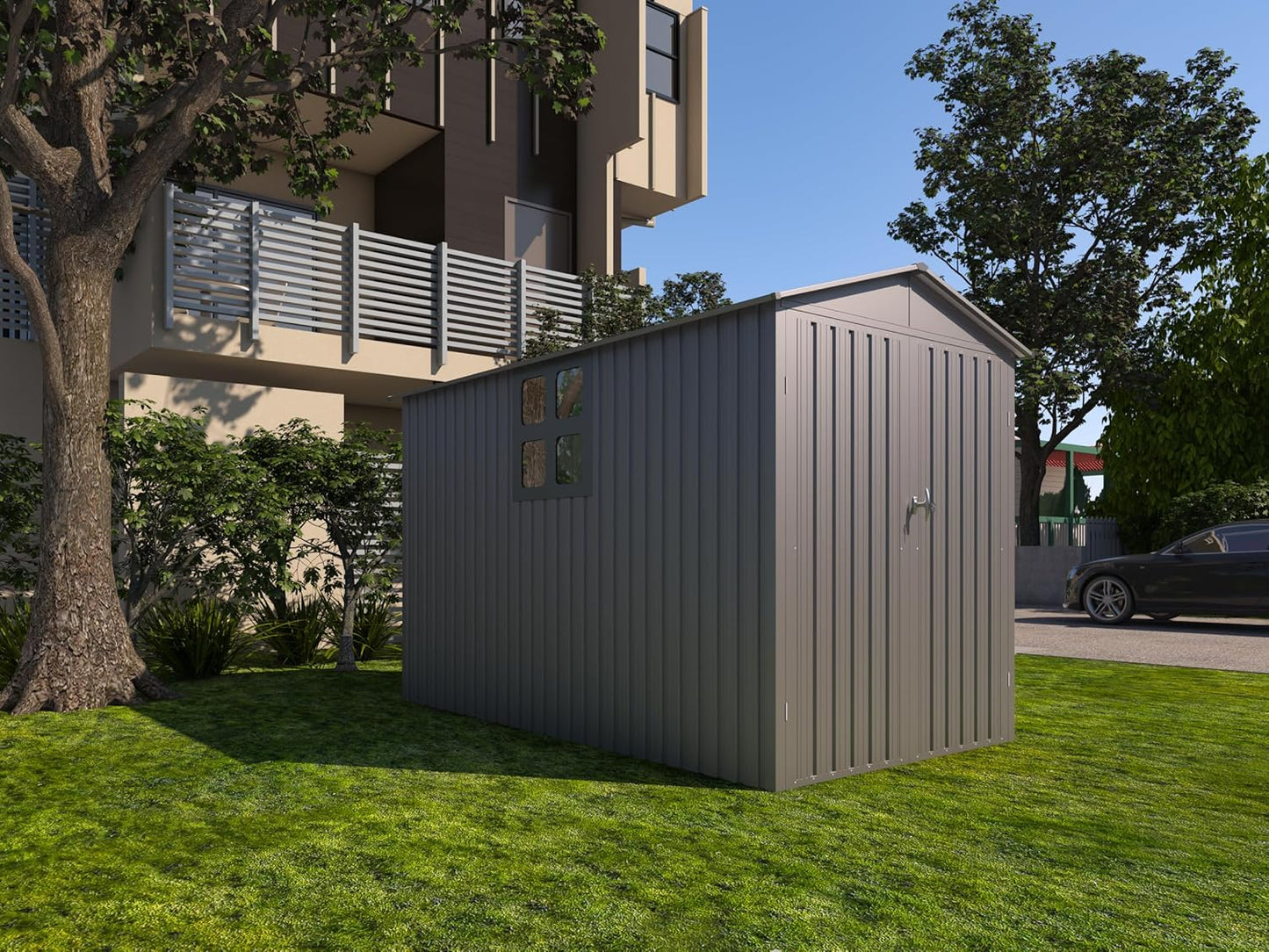 Motorcycle Steel Storage Shed with Window,Outdoor Weather-Resistant Storage Box for Bikes, Tools, Sports Equipment,Easy Assembly, No Tracks or Fixtures Needed, 121" W Gray