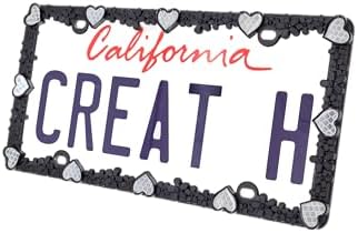Creathome 3D Daisy Heart License Plate Frame from Pure Zinc Alloy Metal Perfect Plate Holder, Matt Black Daisy with Silver Reflective Heart
