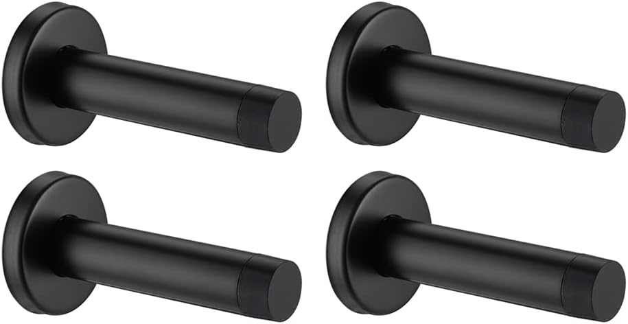 JQK Door Stopper Black, 304 Stainless Steel Thicken 1mm Sound Dampening Door Stop Bumper Wall Protetor 4 Pack, Matte Black, DSB5-PB-P4