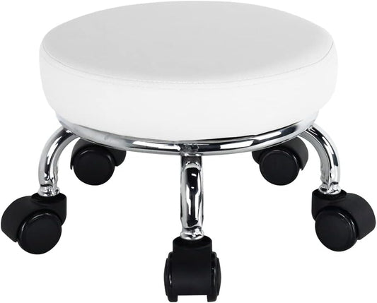 Modern Roller Seat PU Leather Low Round Rolling Stool 360 Swivel Small Stool with Universal Caster Wheels for Home Office Garage Shop Fitness Sport H8.6" (White)
