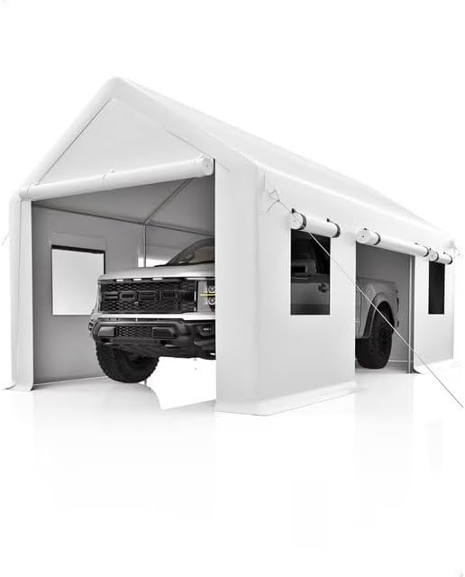 13x20 Ft. Metal Carport Garage with PE Fabric and Galvanized Steel Frame Outdoor Shelter for Cars, Trucks and Boats with 4 Doors and Mesh Windows for Ventilation - White