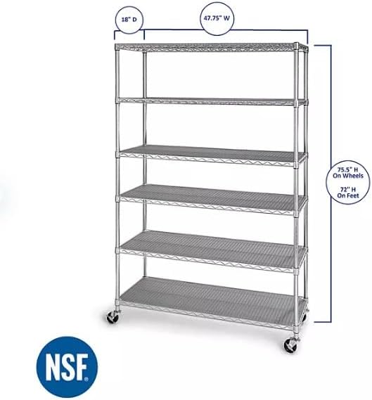 Organize in Style with The Members Mark 6-Tier NSF Heavy Duty Wire Shelving, 47.75" W x 18" D x 75.5" H (Plated, 2 PACK)