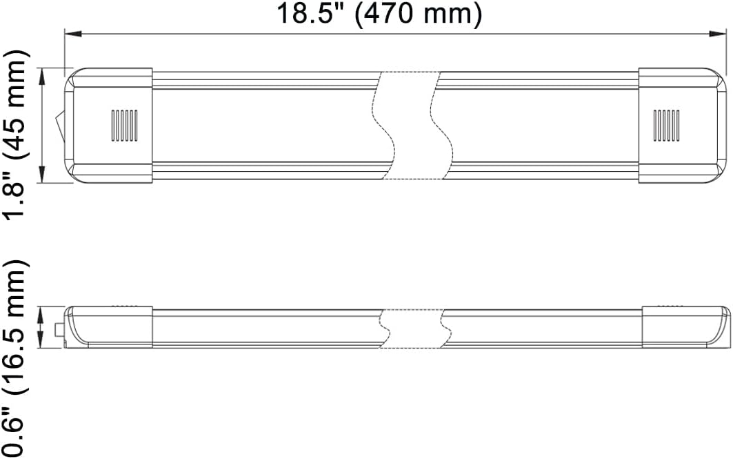 LED Interior Utility Light Fixture 18.5" x 2.6", High Lumen-Output Low Current Draw Energy Efficient, Frosted Lens 6000K Cool-White Even Diffused Beam, On/Off Rocker Switch 12V-24V DC, 1-Pack