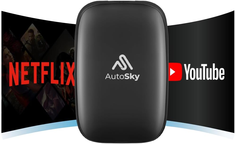 AutoSky Ai Box Lite Air - Streaming on the Go, Netflix and Youtube in your car. Convert Your Wired CarPlay into Wireless CarPlay or Android Auto. HotSpot Required for Streaming. Wired CarPlay Required