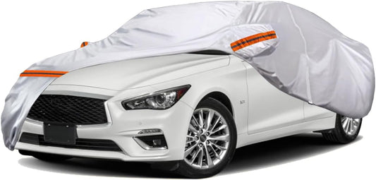 TUCAREST 6 Layers Full Car Cover for Sedan/Wagon/Coupe/Hatchback - Waterproof, Insulated, Anti-UV, Snow-Proof, Anti-Wind, All-Weather, Thickened Protection, up to 191 in