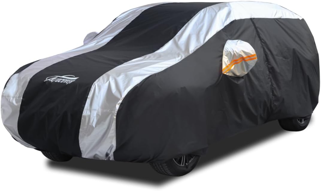 Small Car Cover All Weather Protection with Silver Stripe Design,Hatchback Car Cover Universal Fit Nissan Leaf, Honda Civic Hatchback, Mazda 3 Hatchback, VW Golf, Toyota Corolla Hatchback