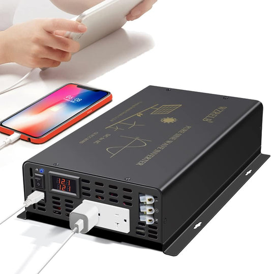 WZRELB 2500W Pure Sine Wave Power Inverter 12VDC to 120VAC 60HZ Dual AC Outlets 2× 2.4A USB Port&Hardwire Terminal Off-Grid Solar Converter RV Trucks Home