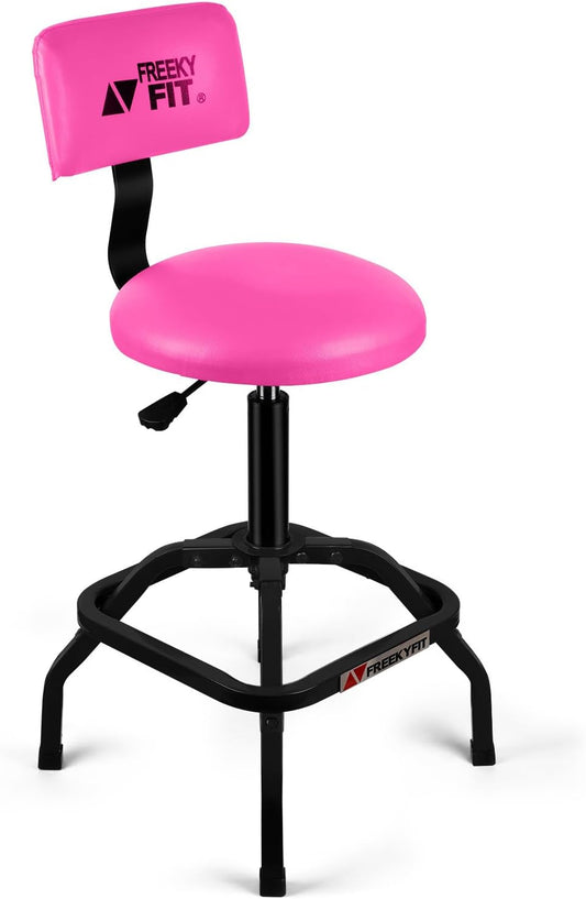 Shop Stool with Backrest, Mechanic Garage Stool for Workshop, Adjustable Shop Stools Chair, Padded Workbench Stools for Men Women, 300 LBS Capacity, 360° Swivel PVC Seat, Heavy Duty, Pink