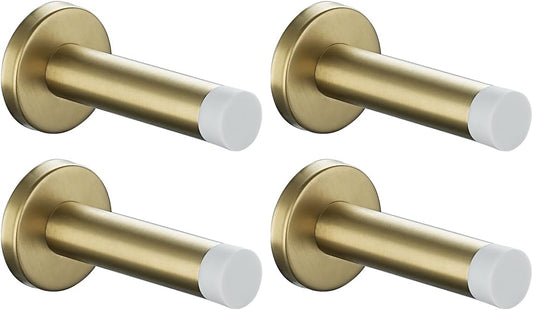 JQK Door Stopper Gold, 304 Stainless Steel Thicken 1mm Sound Dampening Door Stop Bumper Wall Protetor 4 Pack, Brushed Gold White Tip, DSB5-WG-P4