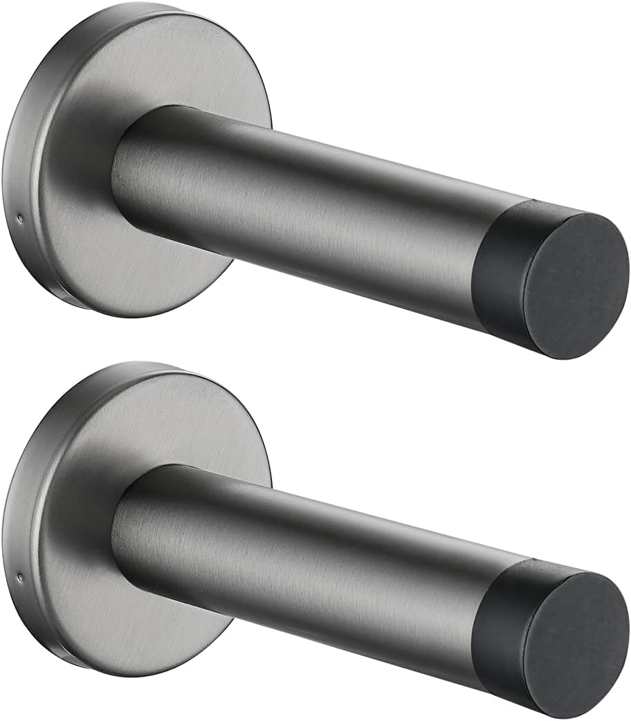 JQK Door Stopper, 304 Stainless Steel Thicken 1mm Sound Dampening Door Stop Bumper Wall Protetor 2 Pack, Brushed Grey, DSB5-GY-P2