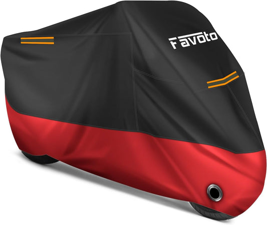 Favoto Motorcycle Cover All Season - Universal Weather Quality Waterproof Sun Rain Outdoor Protection Night Reflective with Lock-Holes & Storage Bag Fits up to 86.6" Motorcycles Vehicle Cover