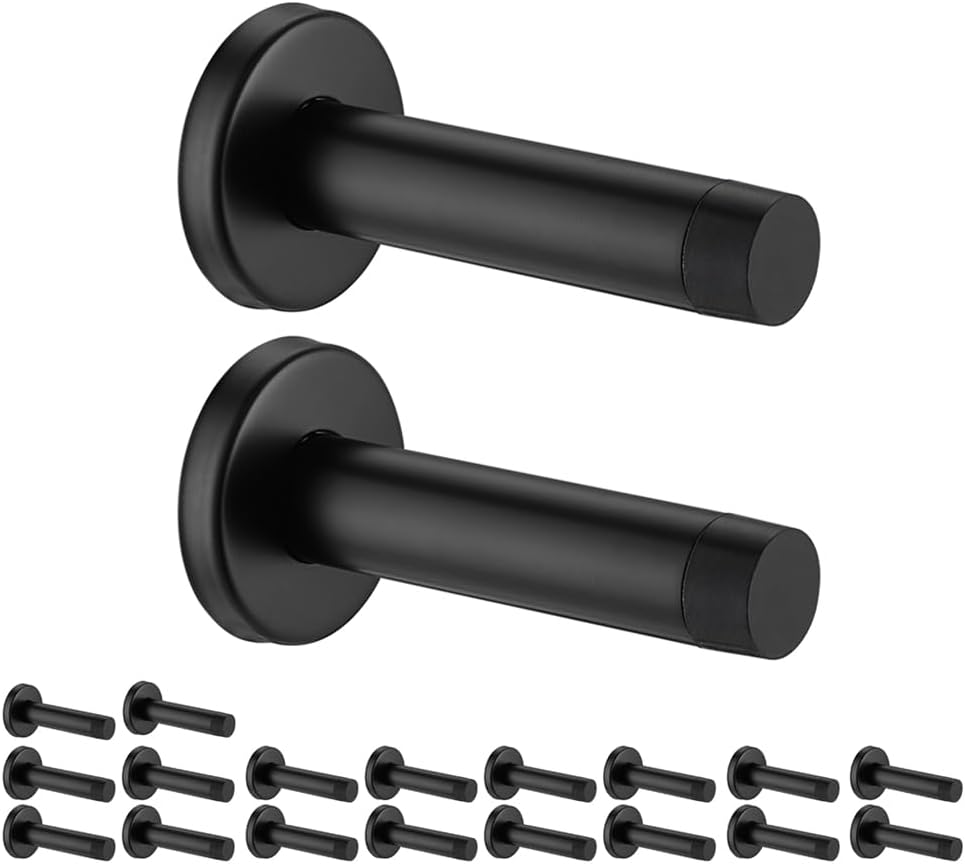 JQK Door Stopper Black, 304 Stainless Steel Thicken 1mm Sound Dampening Door Stop Bumper Wall Protetor 20 Pack, Matte Black, DSB5-PB-P20