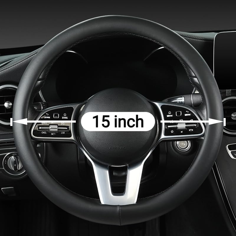 Cowhide Steering Wheel Cover Heat Resistant Anti-Slip Car Wheel Wrap Compatible with Most Makes and Models of Cars and Trucks with 14.5 to 15 Inch Steering Wheel (Black-1)